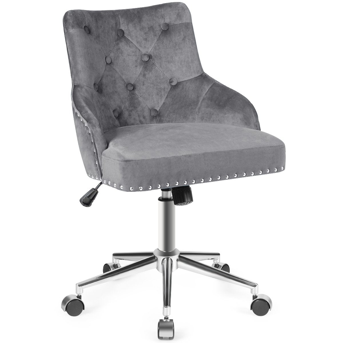 Tufted Upholstered Swivel Computer Desk Chair with Nailed Tri, Gray Leisure Chairs   at Gallery Canada