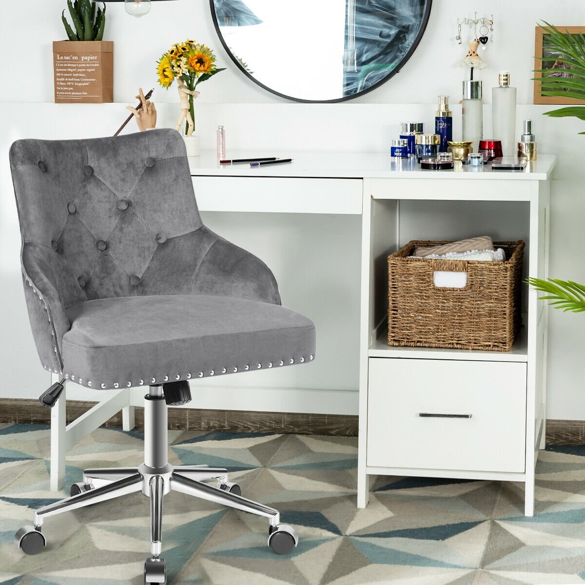 Tufted Upholstered Swivel Computer Desk Chair with Nailed Tri, Gray Leisure Chairs   at Gallery Canada