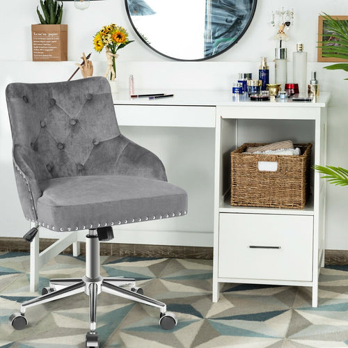 Tufted Upholstered Swivel Computer Desk Chair with Nailed Tri, Gray