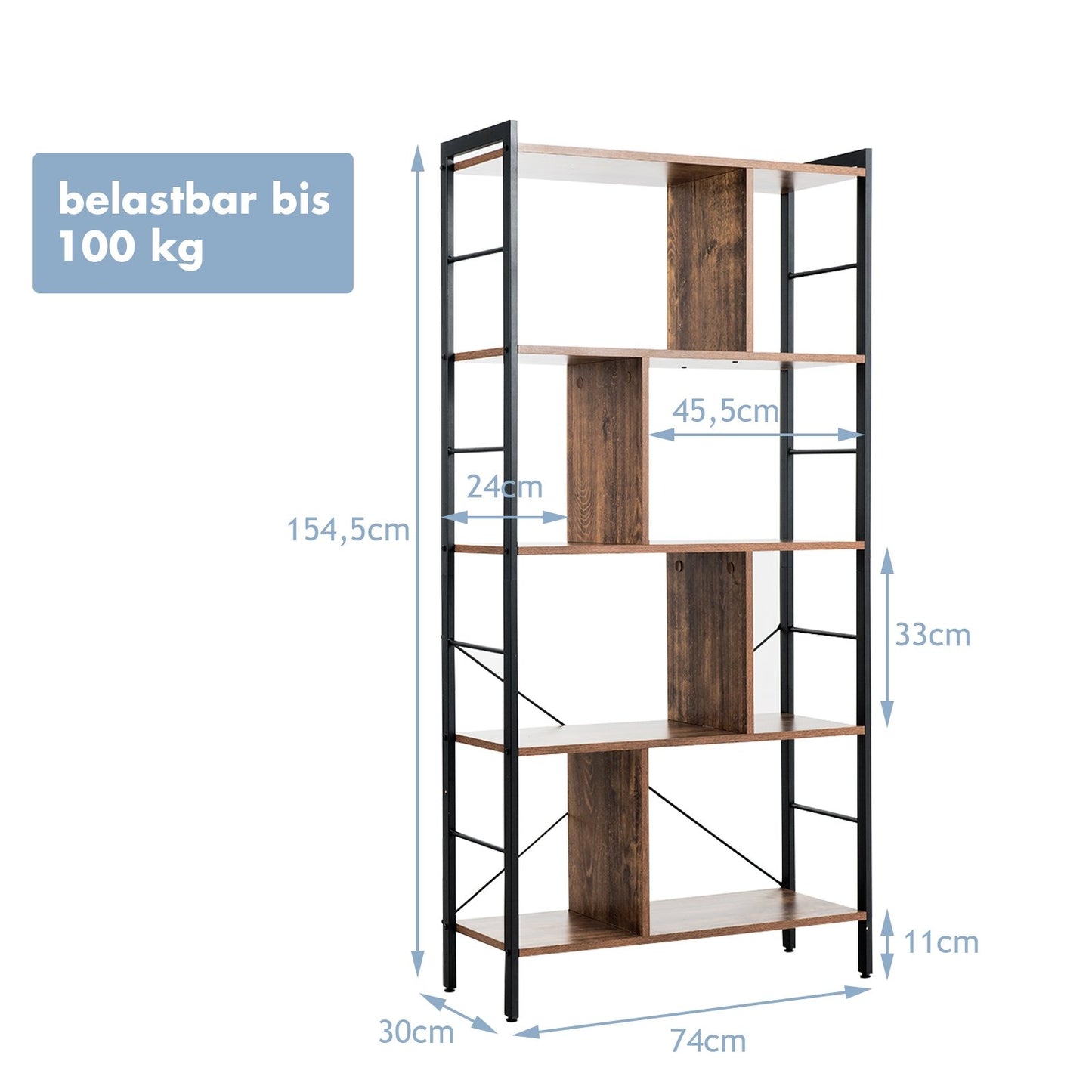 4-Tier Industrial Bookshelf Floor Standing Storage Rack Large Storage, Brown Bookcases   at Gallery Canada