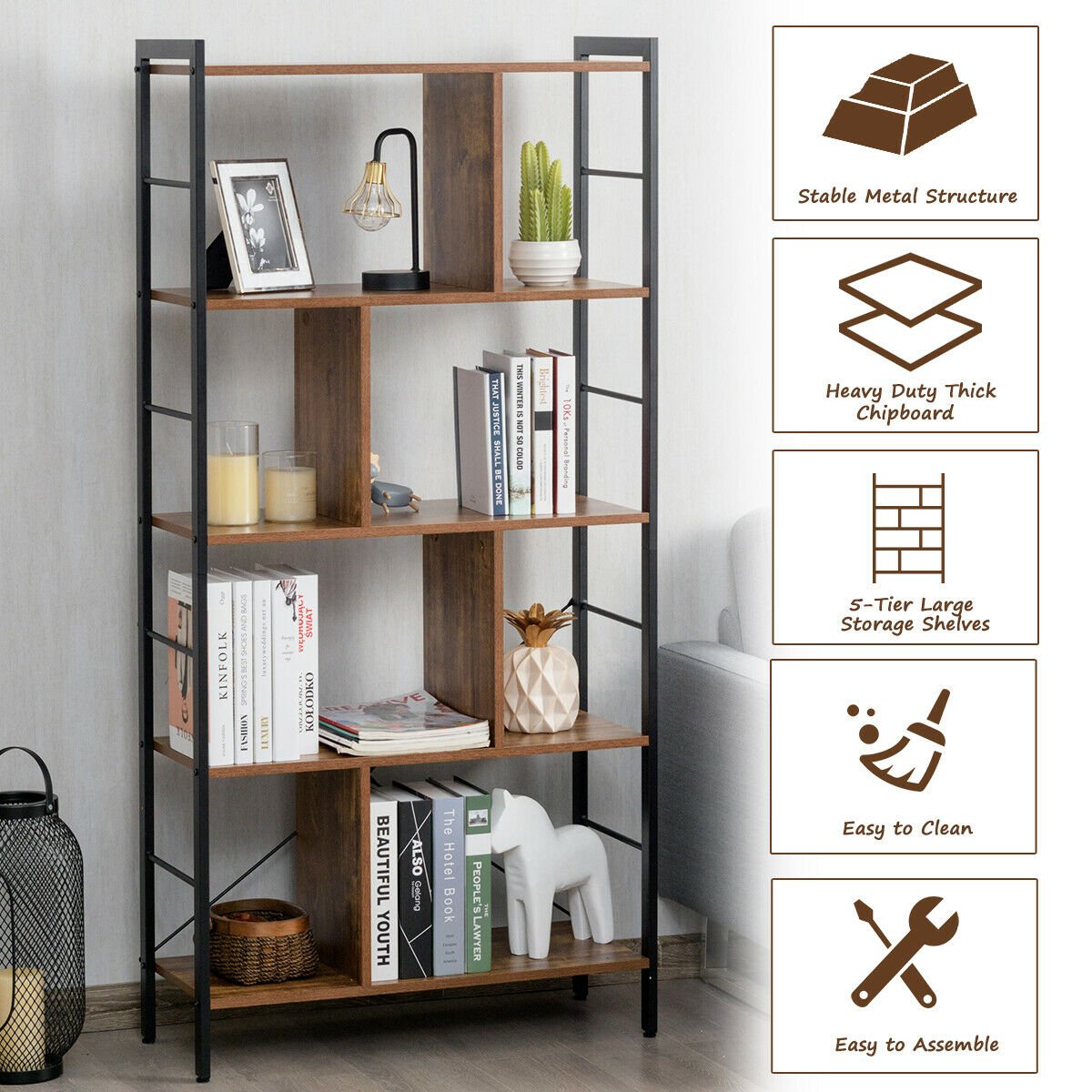 4-Tier Industrial Bookshelf Floor Standing Storage Rack Large Storage, Brown Bookcases   at Gallery Canada