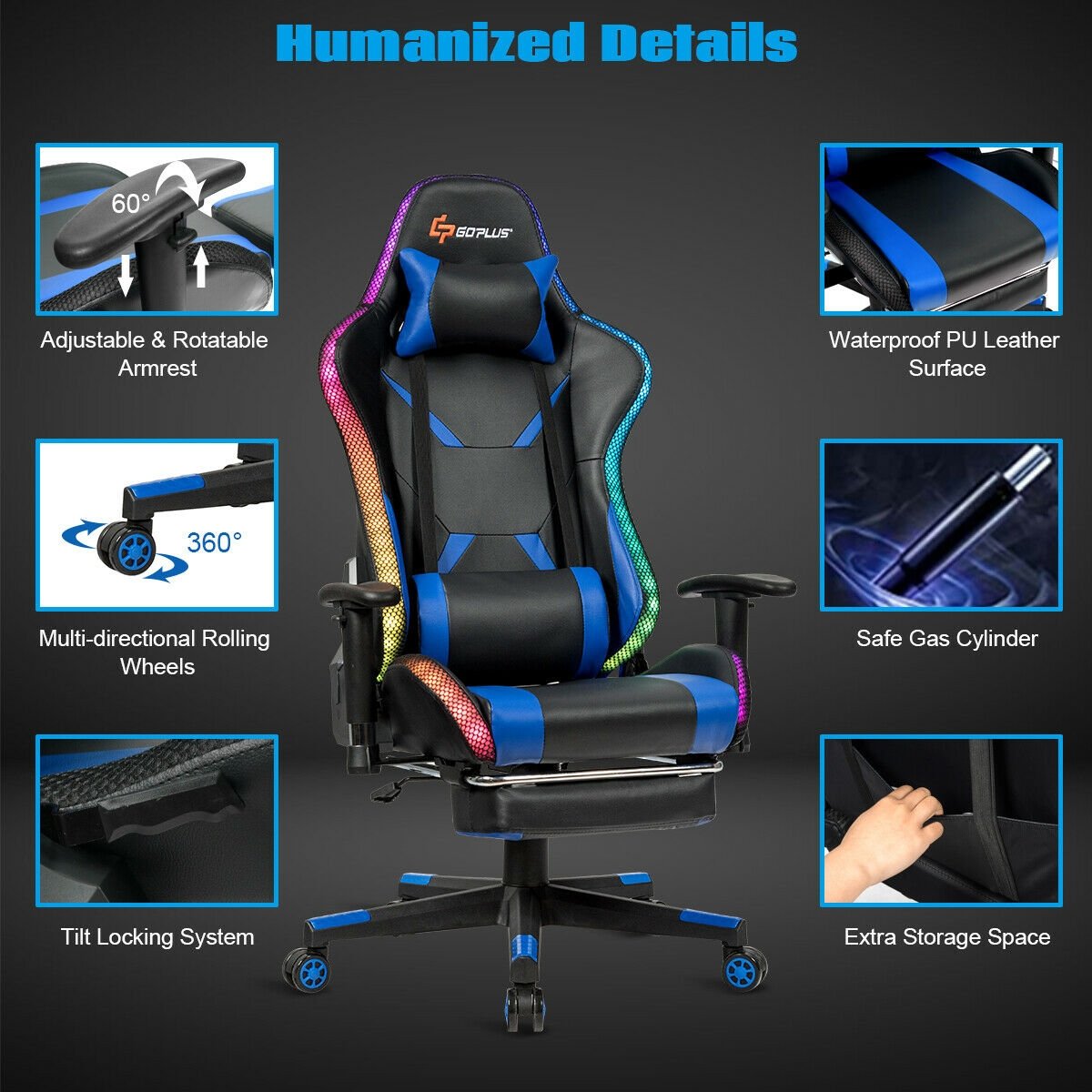 Massage Racing Gaming Chair  Chair with RGB LED Lights, Blue - Gallery Canada