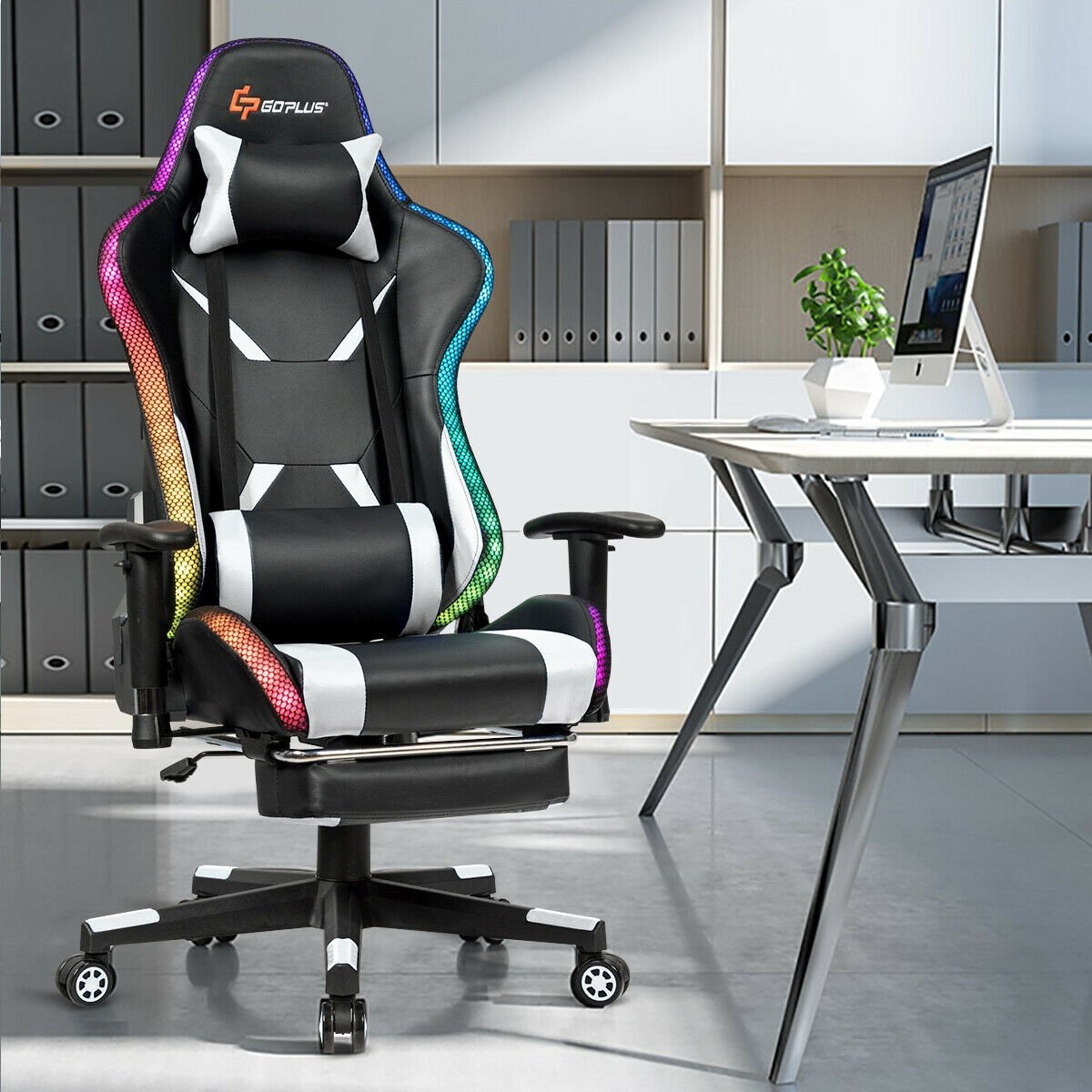 Massage Racing Gaming Chair  Chair with RGB LED Lights, White - Gallery Canada