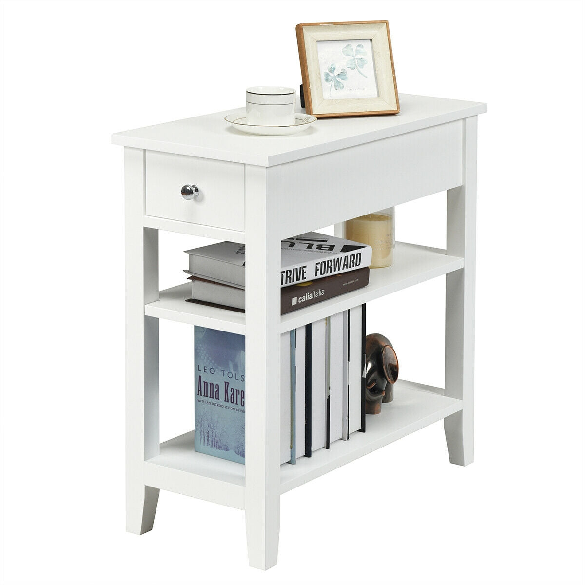 3-Tier Nightstand Bedside Table Sofa Side with Double Shelves Drawer, White Nightstands   at Gallery Canada