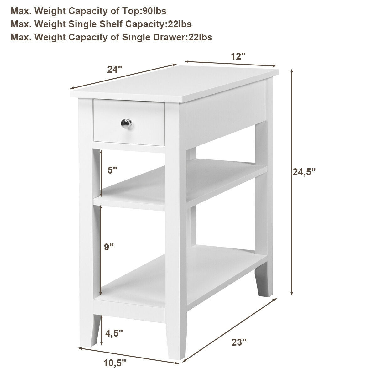 3-Tier Nightstand Bedside Table Sofa Side with Double Shelves Drawer, White Nightstands   at Gallery Canada