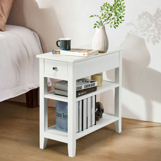 3-Tier Nightstand Bedside Table Sofa Side with Double Shelves Drawer, White Nightstands White  at Gallery Canada