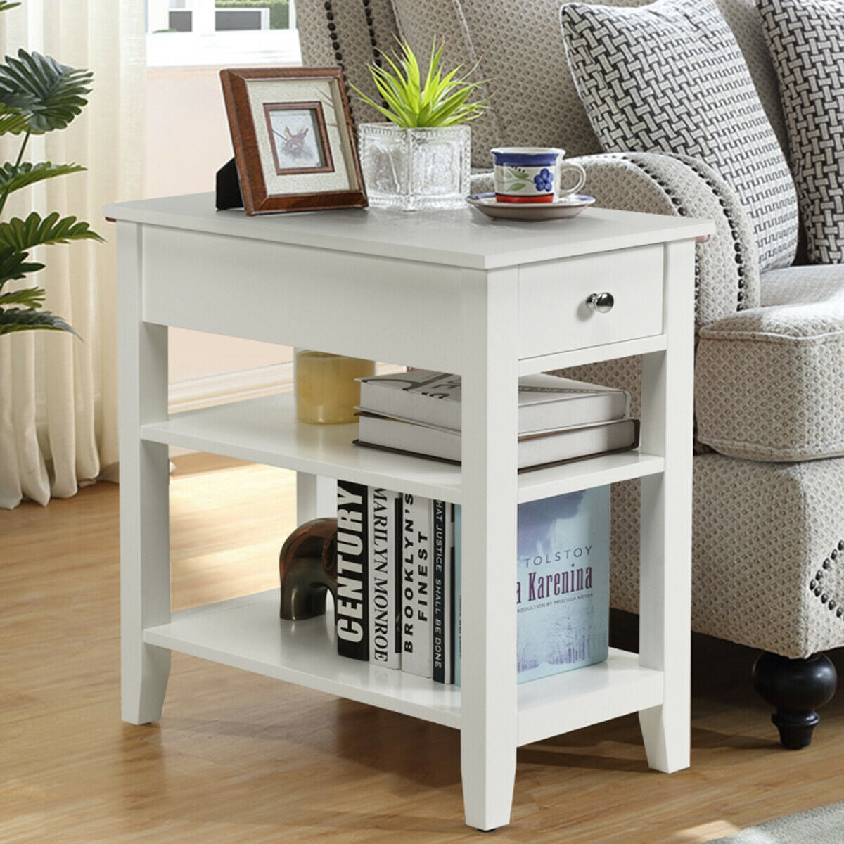 3-Tier Nightstand Bedside Table Sofa Side with Double Shelves Drawer, White Nightstands   at Gallery Canada