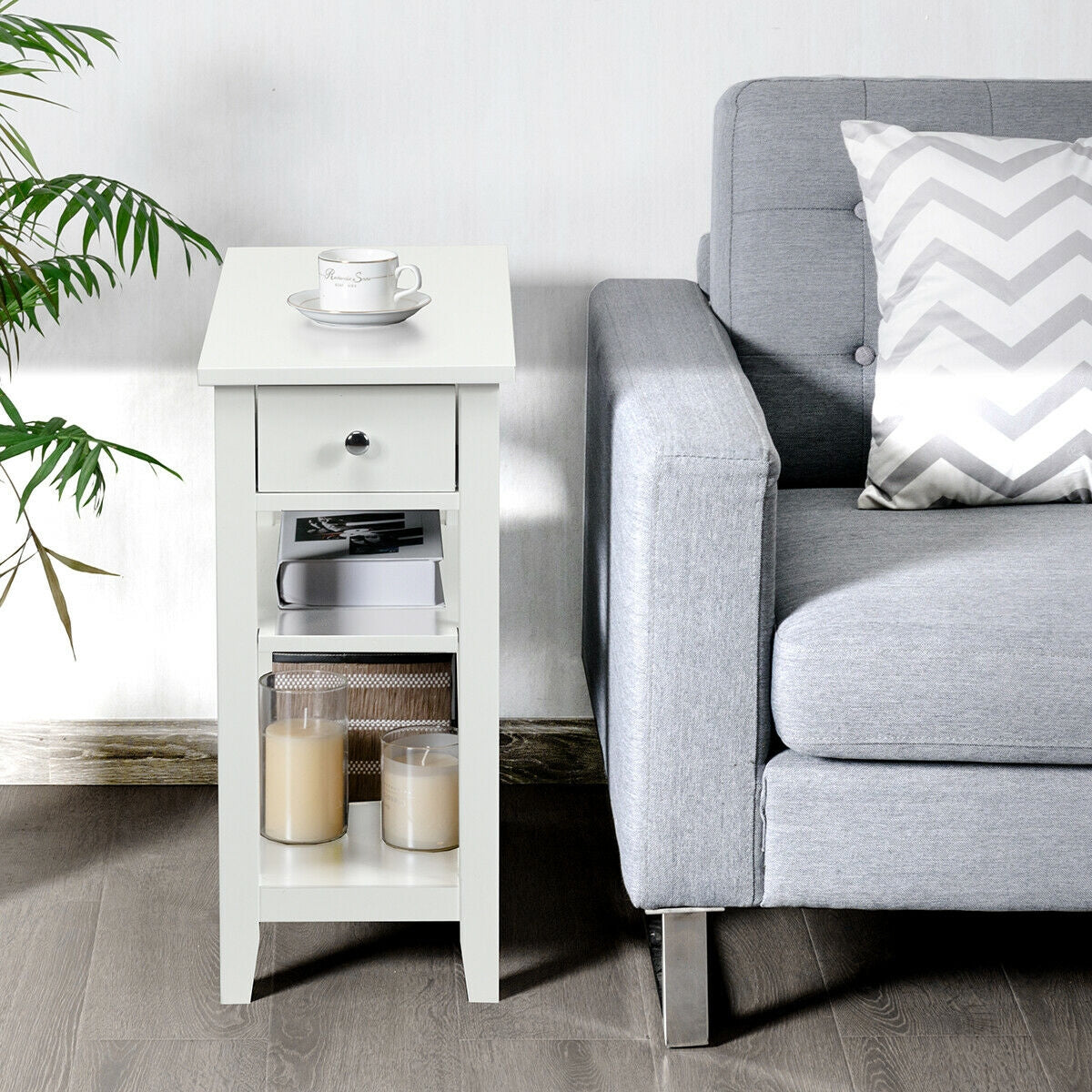 3-Tier Nightstand Bedside Table Sofa Side with Double Shelves Drawer, White Nightstands   at Gallery Canada