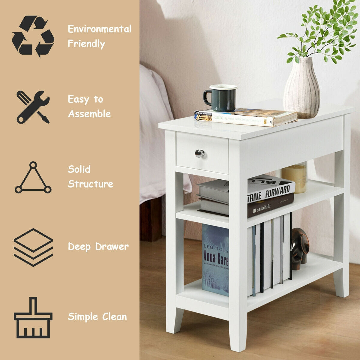 3-Tier Nightstand Bedside Table Sofa Side with Double Shelves Drawer, White Nightstands   at Gallery Canada