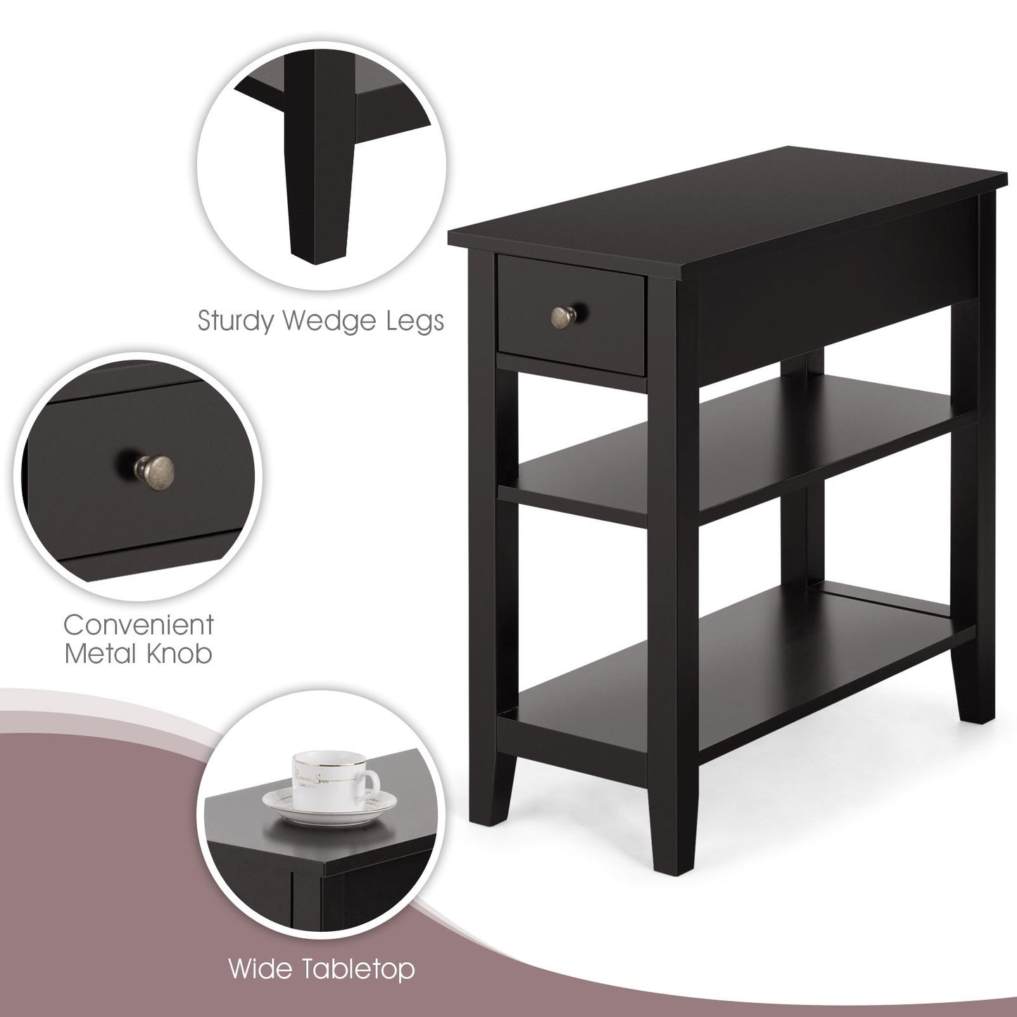 3-Tier Nightstand Bedside Table Sofa Side with Double Shelves Drawer, Brown Nightstands   at Gallery Canada