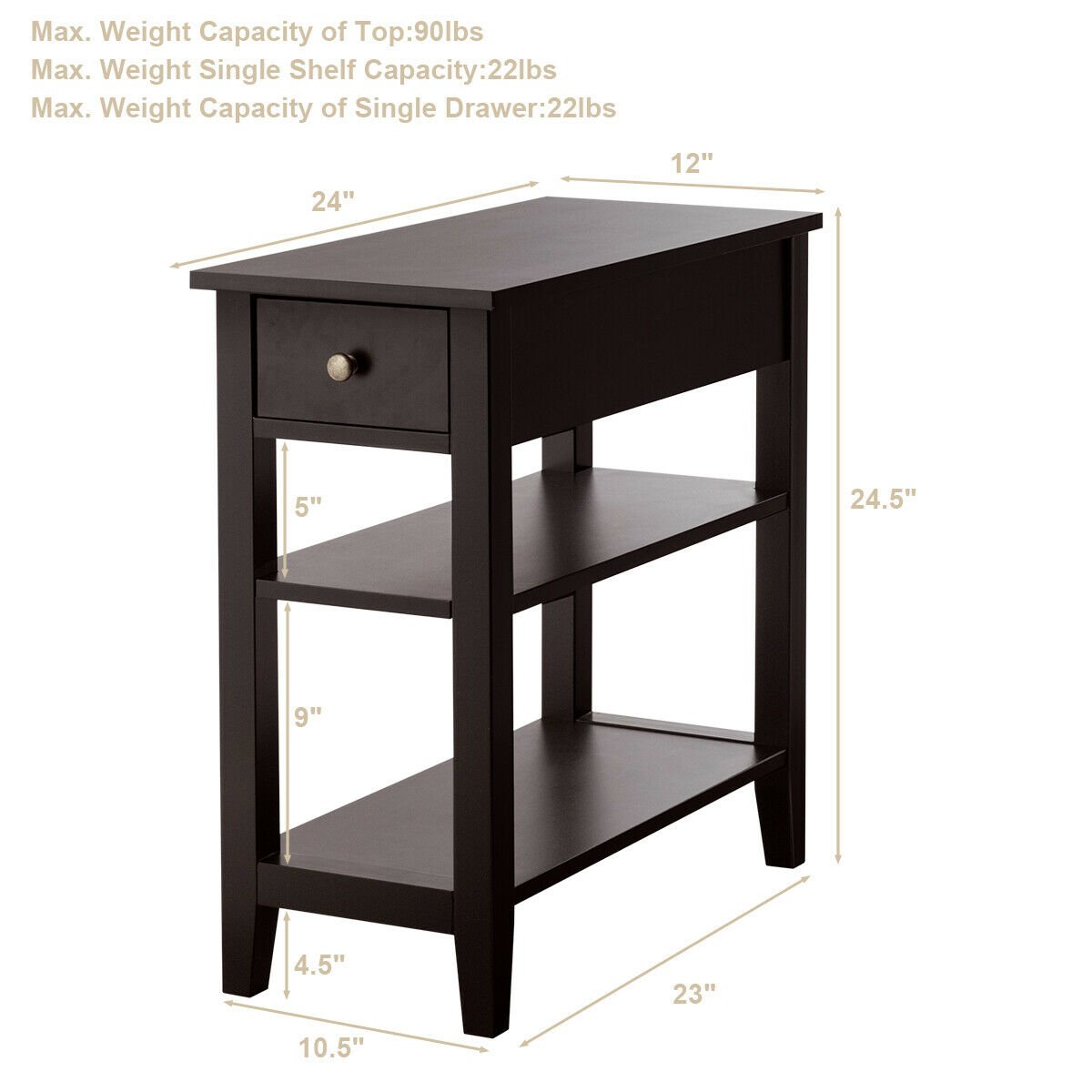 3-Tier Nightstand Bedside Table Sofa Side with Double Shelves Drawer, Brown Nightstands   at Gallery Canada