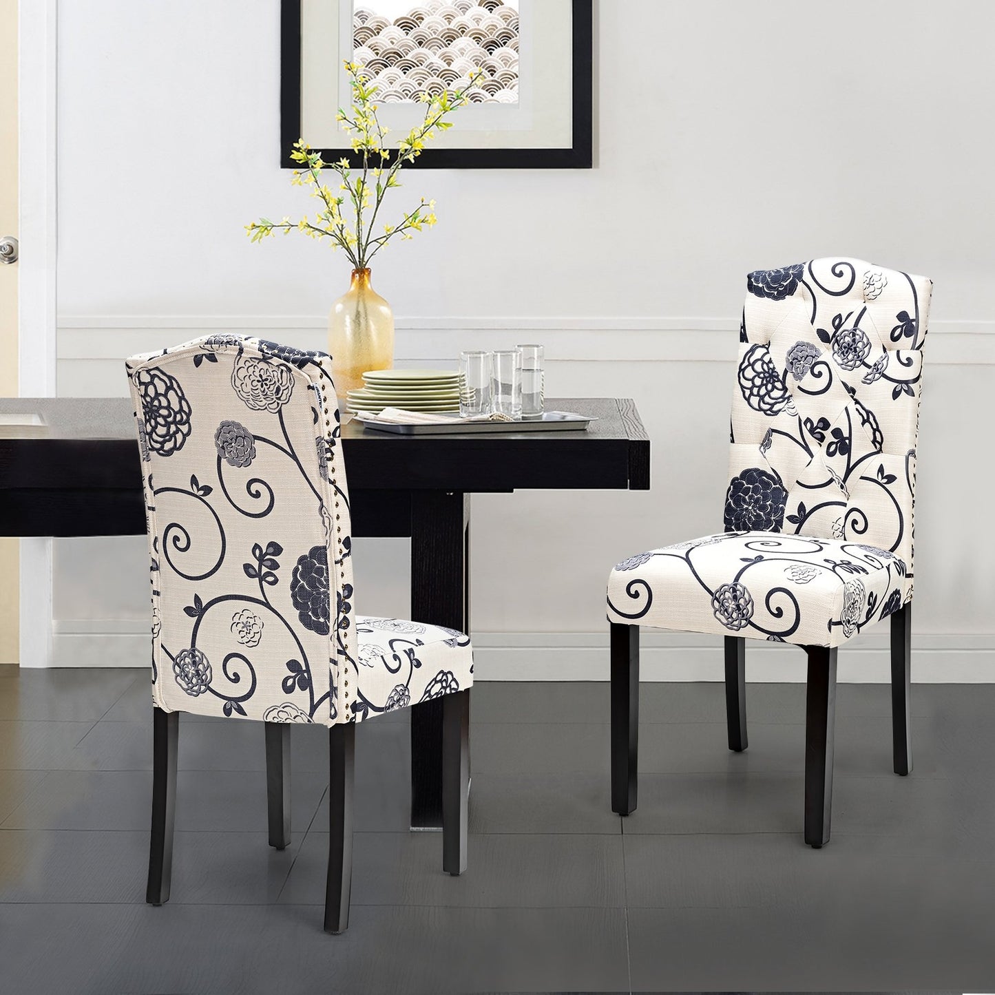 Set of 2 Tufted Upholstered Dining Chairs-Black and White, Black & White Dining Chairs   at Gallery Canada