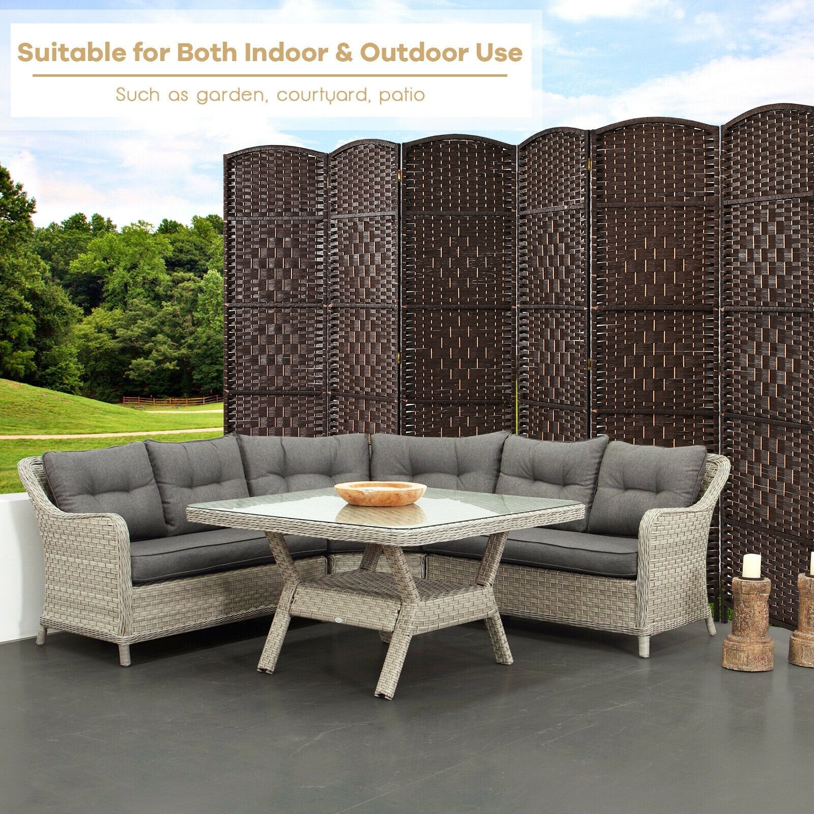 6.5Ft 6-Panel Weave Folding Fiber Room Divider Screen, Brown Room Dividers   at Gallery Canada