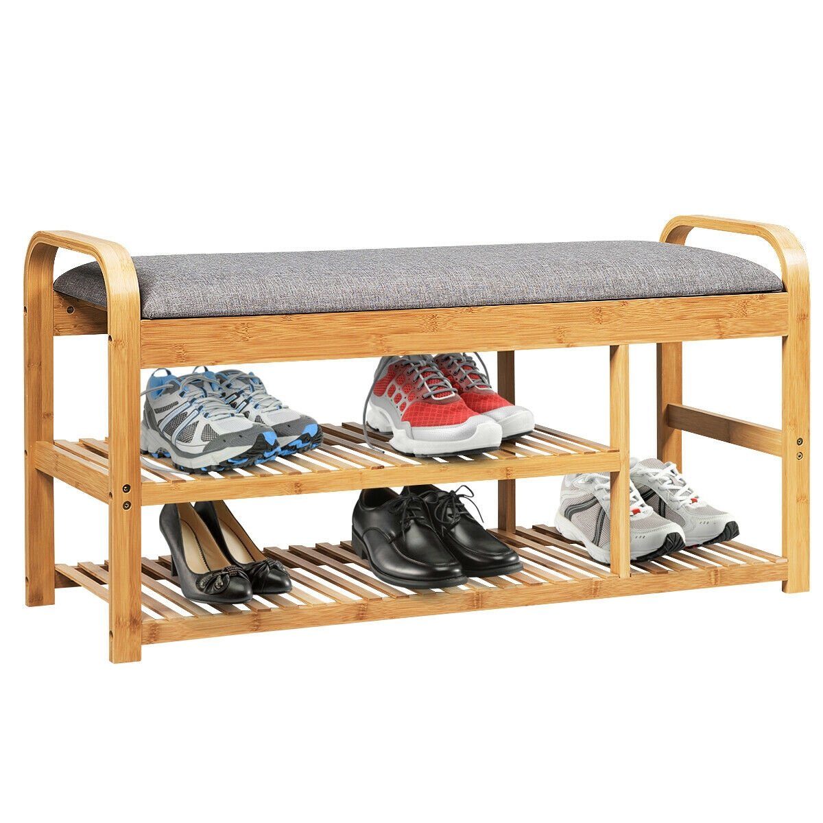 3-Tier Bamboo Shoe Rack Bench with Cushion, Natural Shoe Racks & Storage Benches   at Gallery Canada