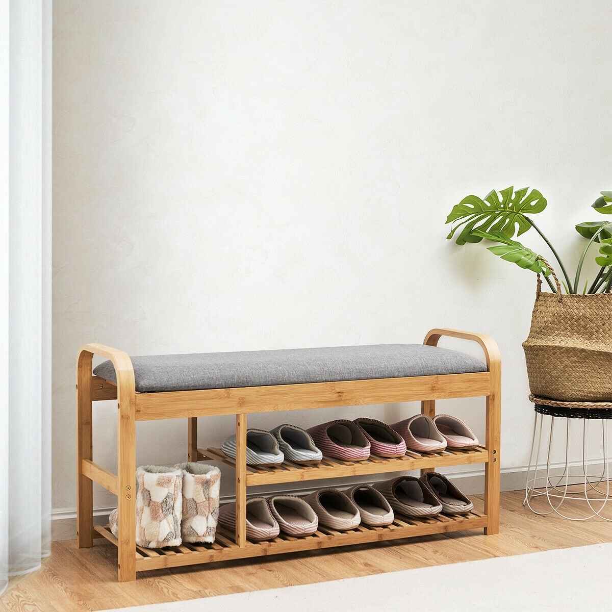 3-Tier Bamboo Shoe Rack Bench with Cushion, Natural Shoe Racks & Storage Benches   at Gallery Canada