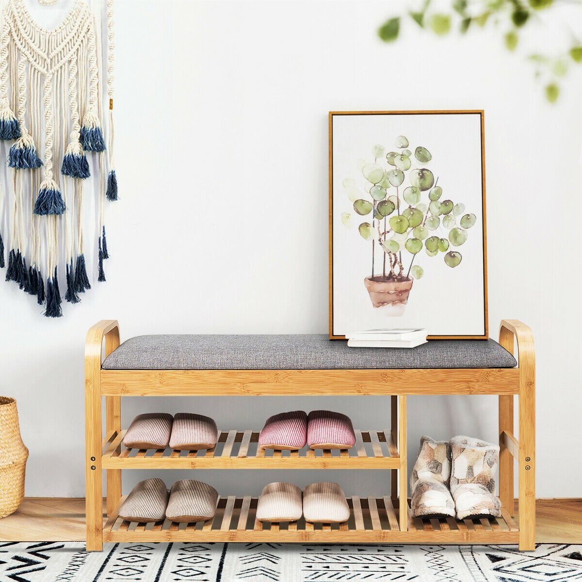 3-Tier Bamboo Shoe Rack Bench with Cushion, Natural Shoe Racks & Storage Benches   at Gallery Canada