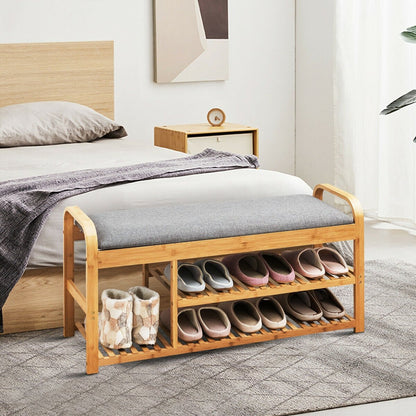 3-Tier Bamboo Shoe Rack Bench with Cushion, Natural Shoe Racks & Storage Benches   at Gallery Canada