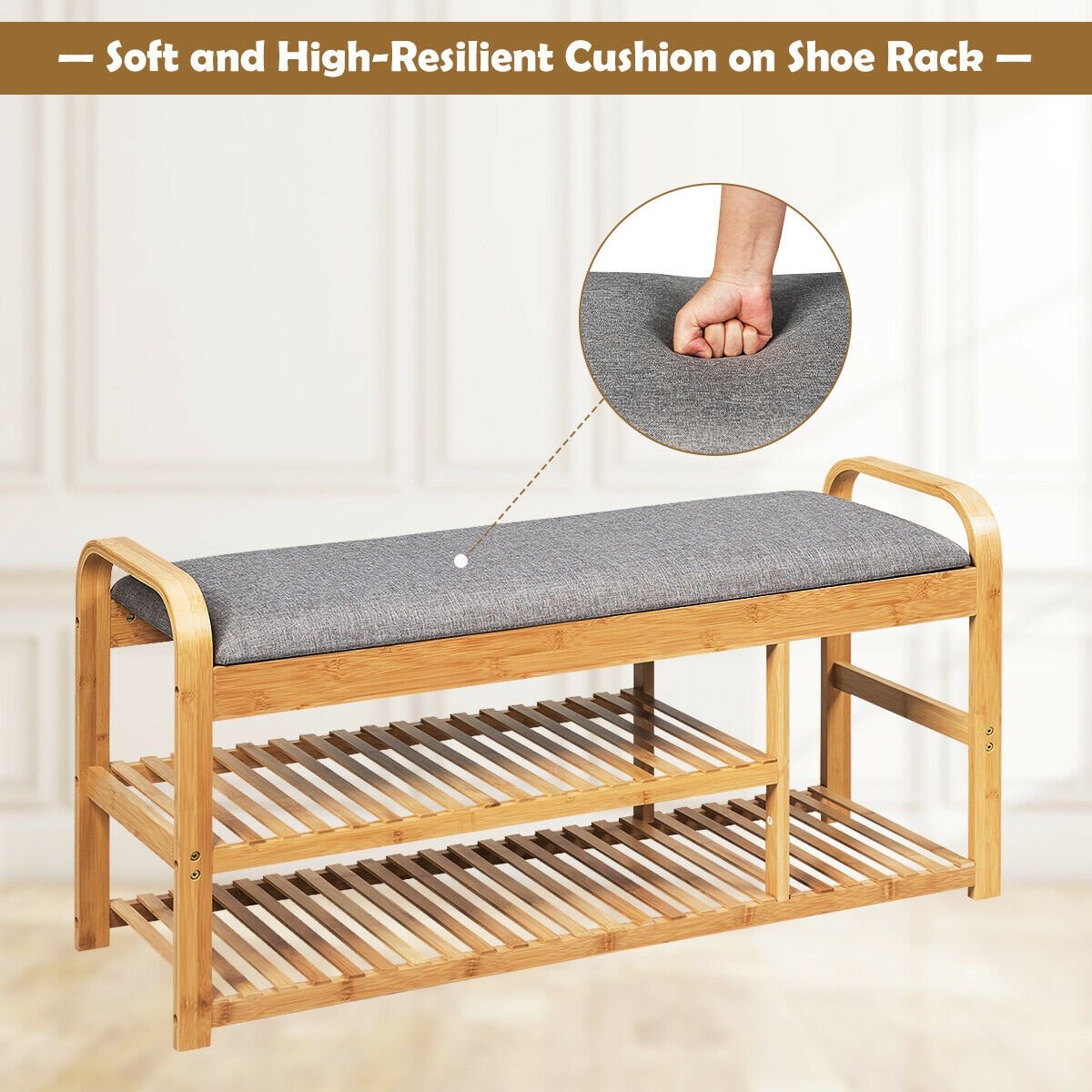 3-Tier Bamboo Shoe Rack Bench with Cushion, Natural Shoe Racks & Storage Benches   at Gallery Canada