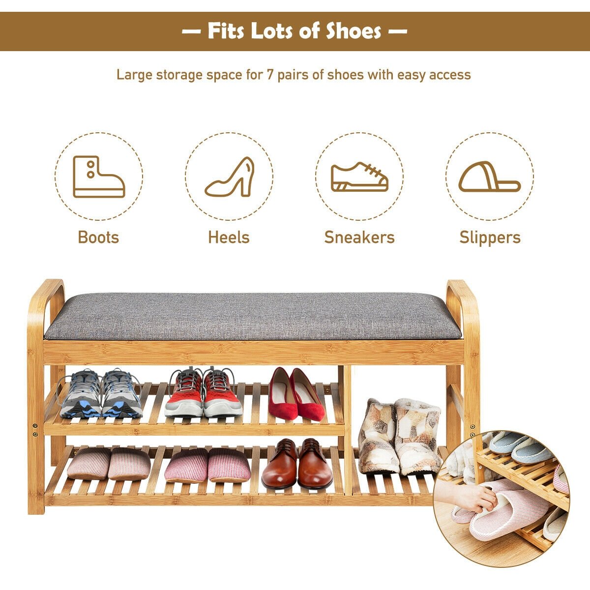 3-Tier Bamboo Shoe Rack Bench with Cushion, Natural Shoe Racks & Storage Benches   at Gallery Canada