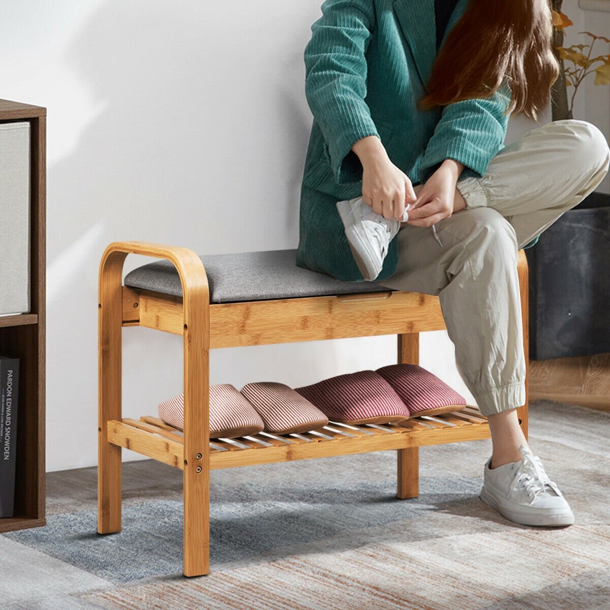 Shoe Rack Bench Bamboo with Storage Shelf , Natural Shoe Racks & Storage Benches   at Gallery Canada