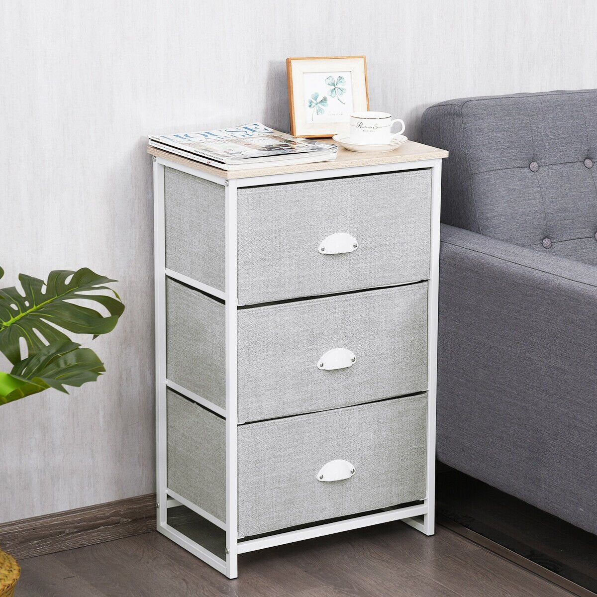 Nightstand Side Table Storage Tower Dresser Chest with 3 Drawers, Gray Nightstands   at Gallery Canada