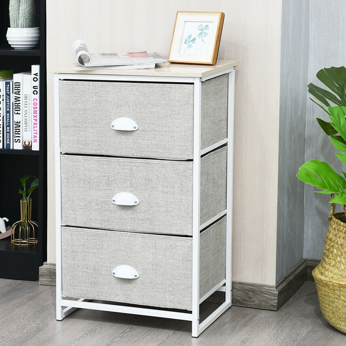 Nightstand Side Table Storage Tower Dresser Chest with 3 Drawers, Gray Nightstands   at Gallery Canada