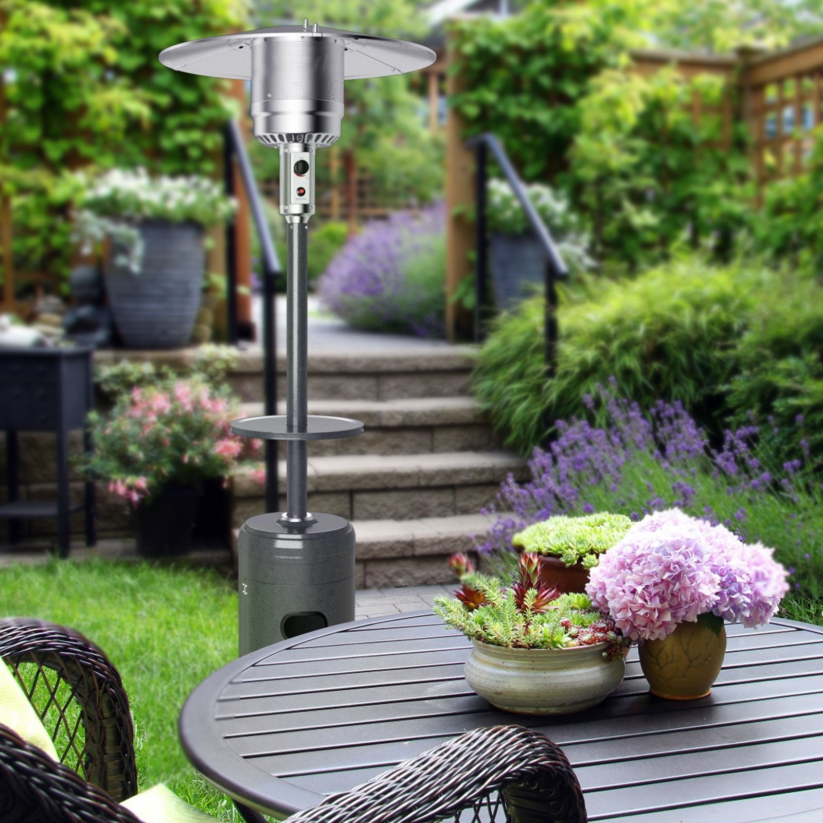 Outdoor Heater Propane Standing LP Gas Steel with Table & Wheels, Gray Patio Heaters   at Gallery Canada