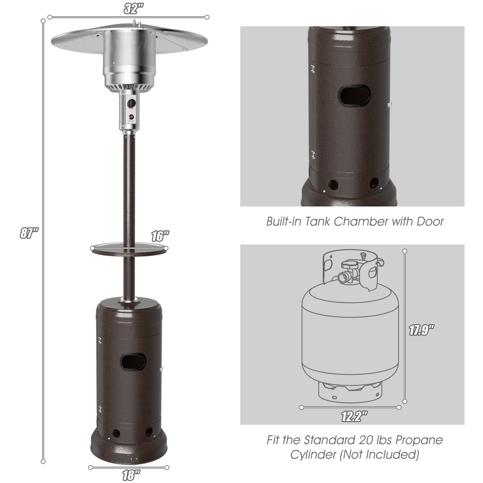 Outdoor Heater Propane Standing LP Gas Steel with Table & Wheels, Brown Patio Heaters   at Gallery Canada