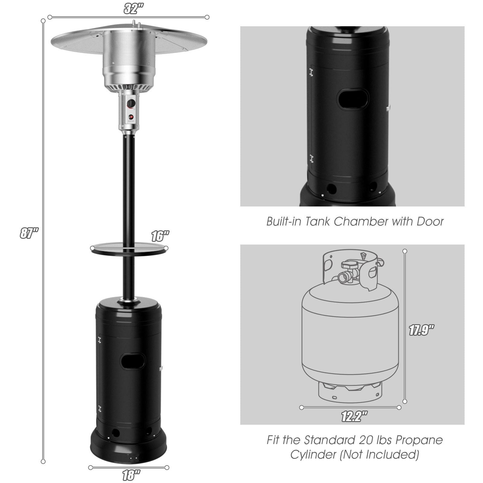 Outdoor Heater Propane Standing LP Gas Steel with Table & Wheels, Black Patio Heaters   at Gallery Canada