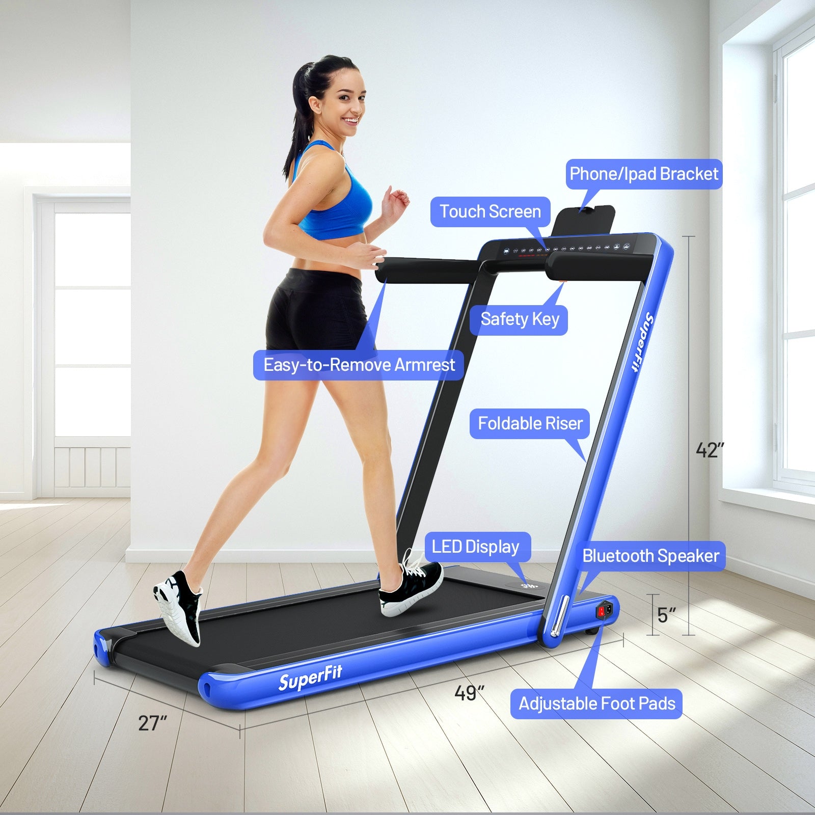 2-in-1 Electric Motorized Health and Fitness Folding Treadmill with Dual Display, Blue Treadmills   at Gallery Canada