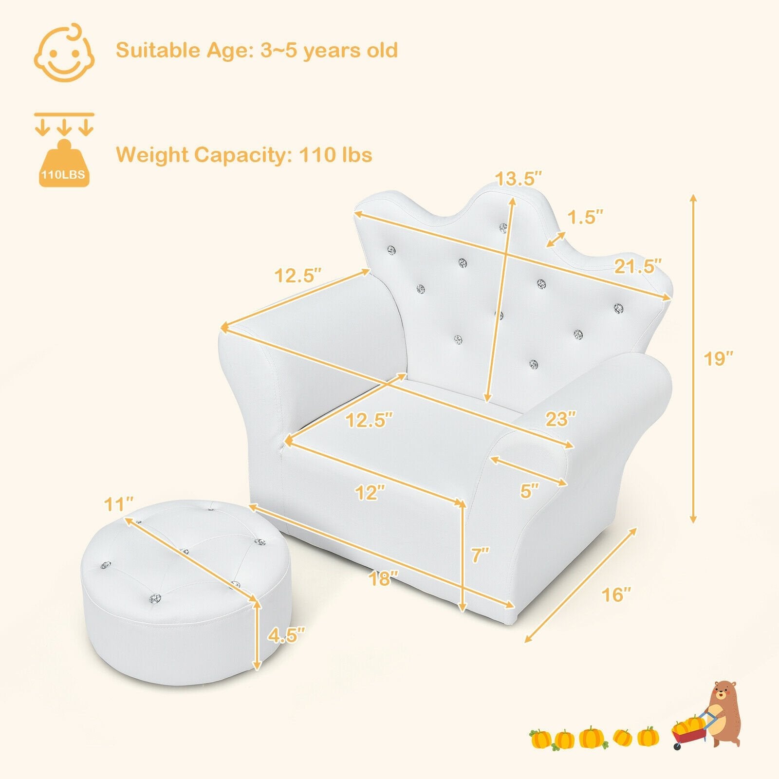 Children Upholstered Princess Sofa with Ottoman and Diamond Decoration for Boys and Girls, White Kids Chairs & Seating   at Gallery Canada