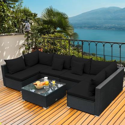 7 Pieces Outdoor Sectional Wicker Patio Furniture Sofa Set with Tempered Glass Top and Softy Cushions, Black Outdoor Sectionals   at Gallery Canada