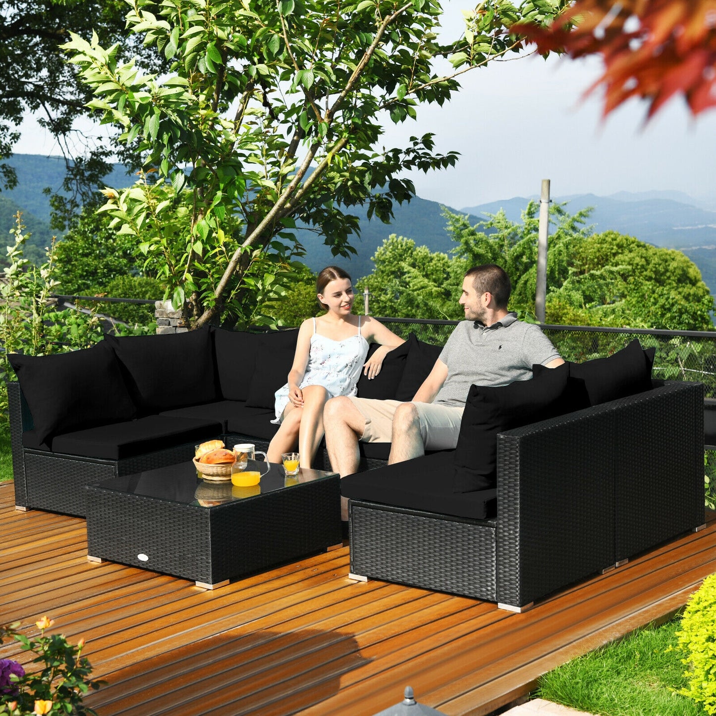 7 Pieces Outdoor Sectional Wicker Patio Furniture Sofa Set with Tempered Glass Top and Softy Cushions, Black Outdoor Sectionals   at Gallery Canada