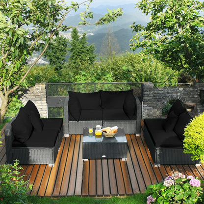 7 Pieces Outdoor Sectional Wicker Patio Furniture Sofa Set with Tempered Glass Top and Softy Cushions, Black Outdoor Sectionals   at Gallery Canada