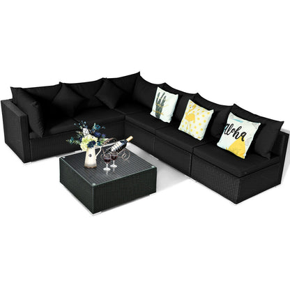 7 Pieces Outdoor Sectional Wicker Patio Furniture Sofa Set with Tempered Glass Top and Softy Cushions, Black Outdoor Sectionals   at Gallery Canada