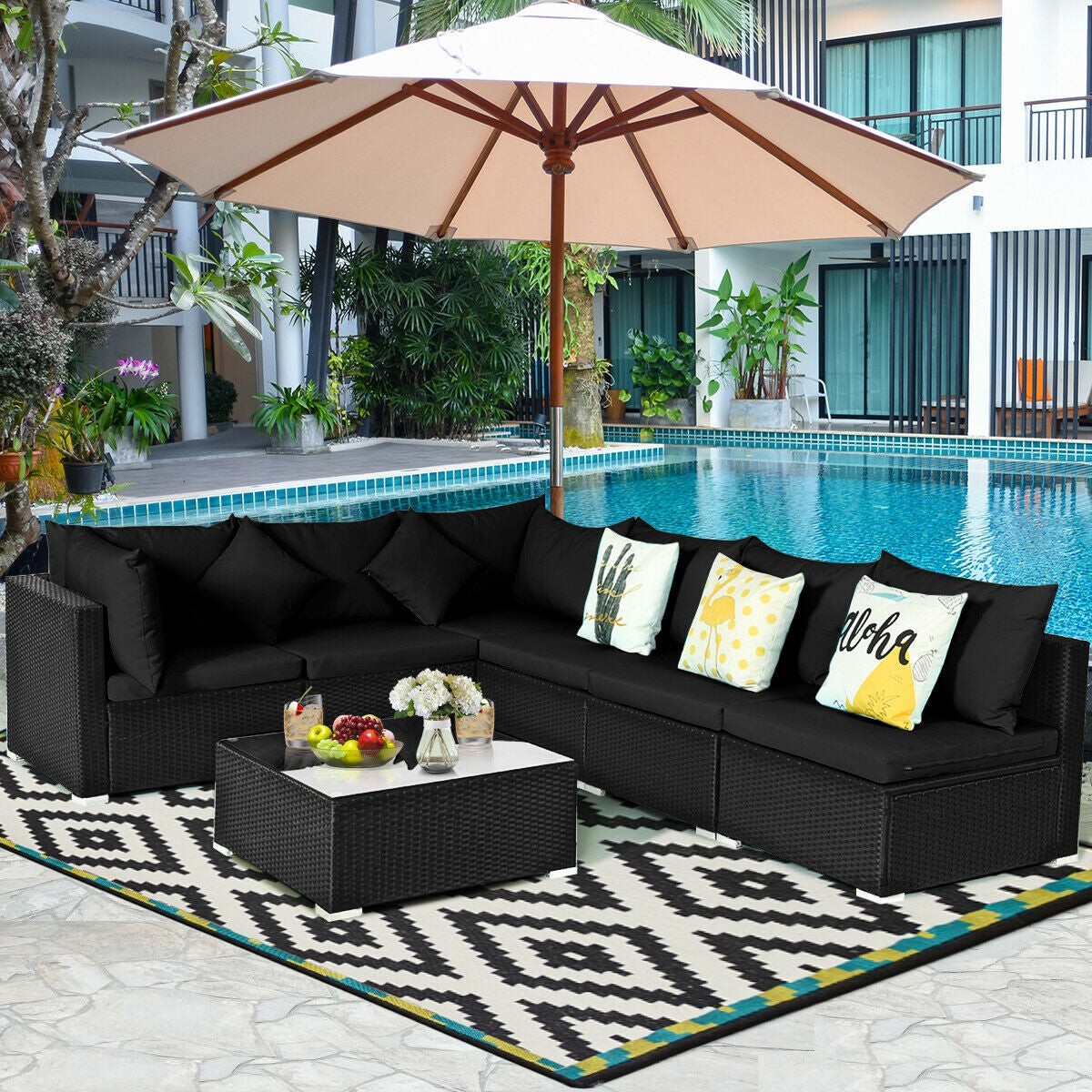 7 Pieces Outdoor Sectional Wicker Patio Furniture Sofa Set with Tempered Glass Top and Softy Cushions, Black Outdoor Sectionals   at Gallery Canada