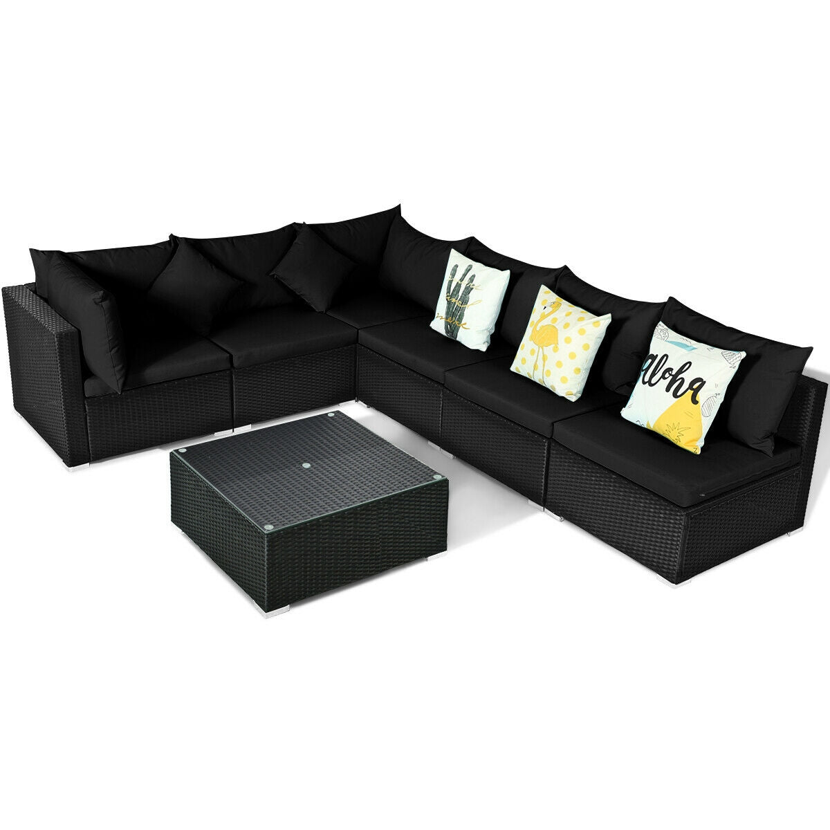 7 Pieces Outdoor Sectional Wicker Patio Furniture Sofa Set with Tempered Glass Top and Softy Cushions, Black Outdoor Sectionals Black  at Gallery Canada