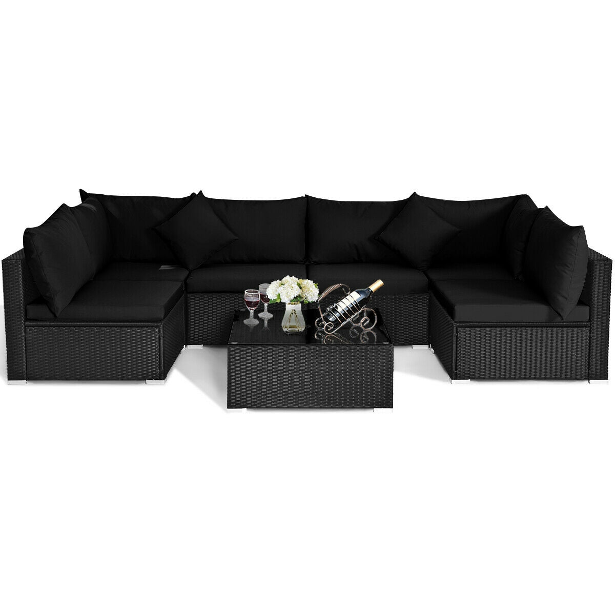 7 Pieces Outdoor Sectional Wicker Patio Furniture Sofa Set with Tempered Glass Top and Softy Cushions, Black Outdoor Sectionals   at Gallery Canada