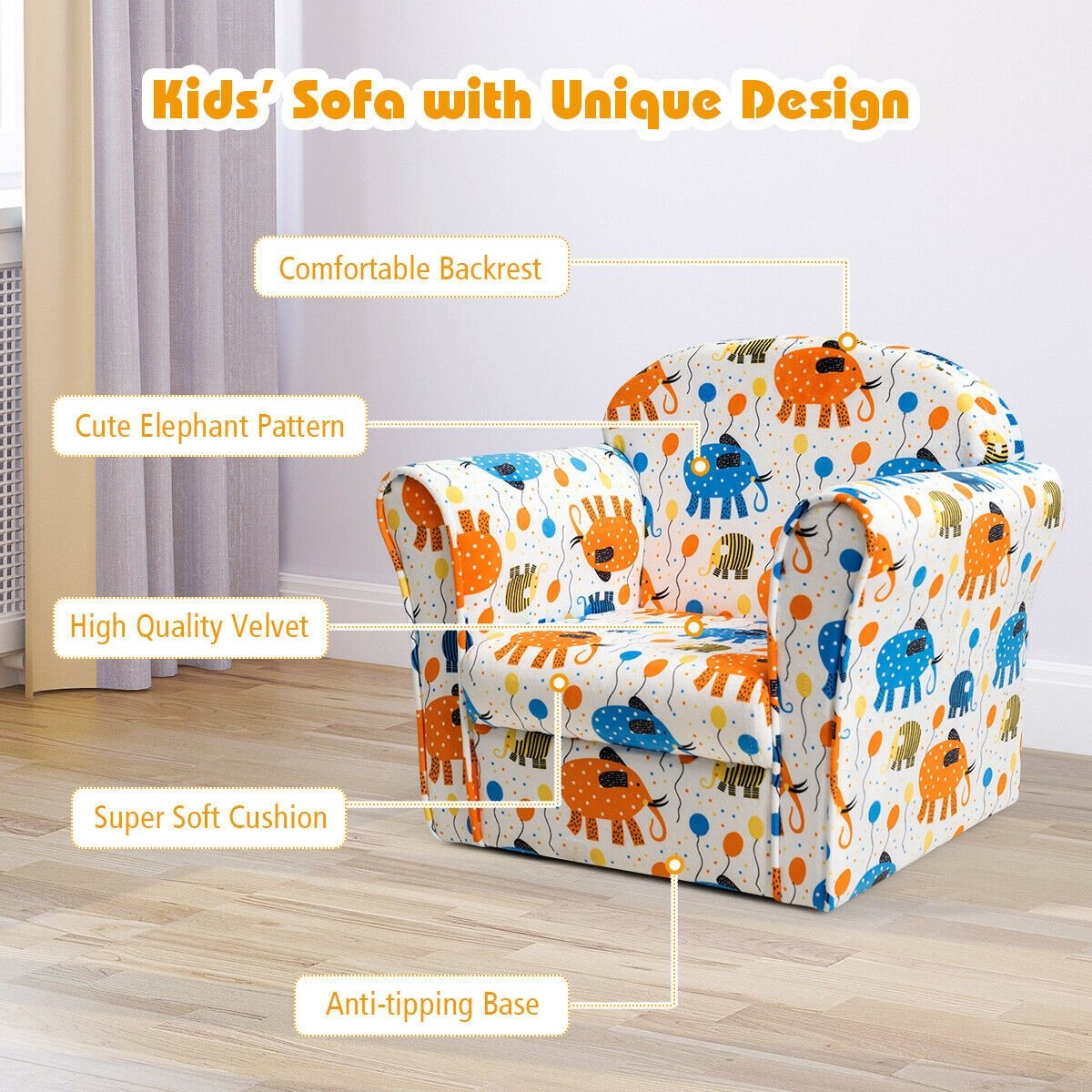 Kids Elephant Upholstered Sofa with Armrest, Multicolor Kids Chairs & Seating   at Gallery Canada