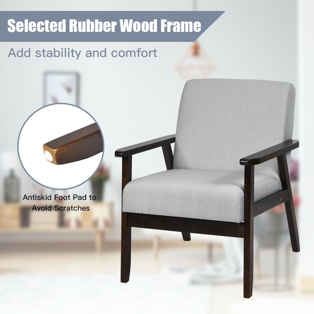 Solid Rubber Wood Fabric Accent Armchair, Light Gray Accent Chairs   at Gallery Canada