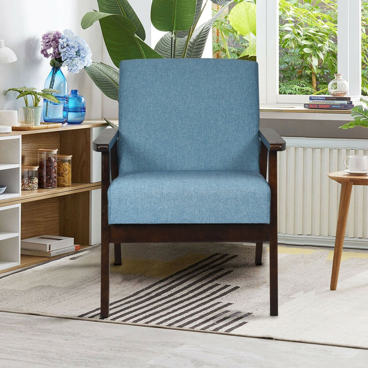 Solid Rubber Wood Fabric Accent Armchair, Blue Accent Chairs   at Gallery Canada