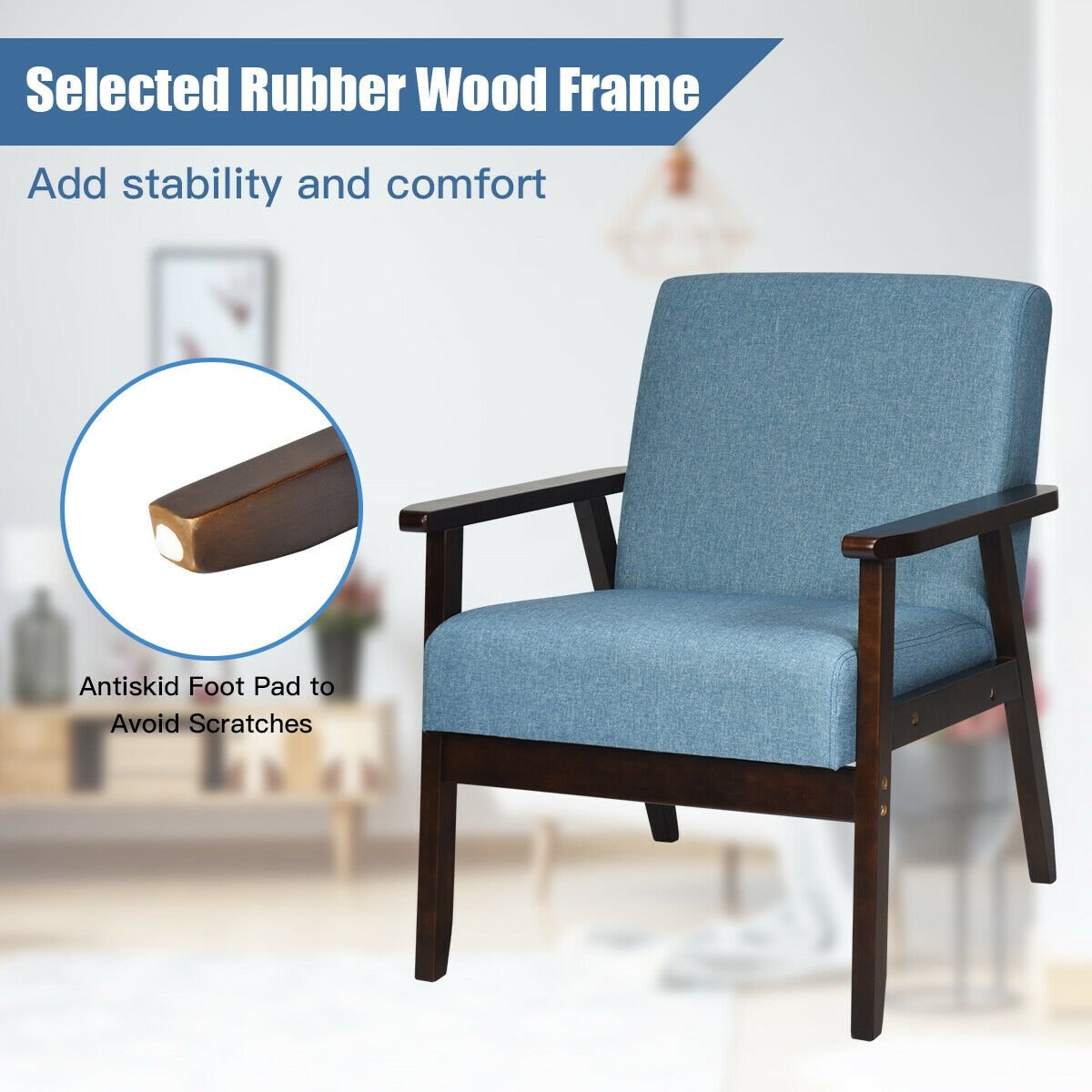 Solid Rubber Wood Fabric Accent Armchair, Blue Accent Chairs   at Gallery Canada