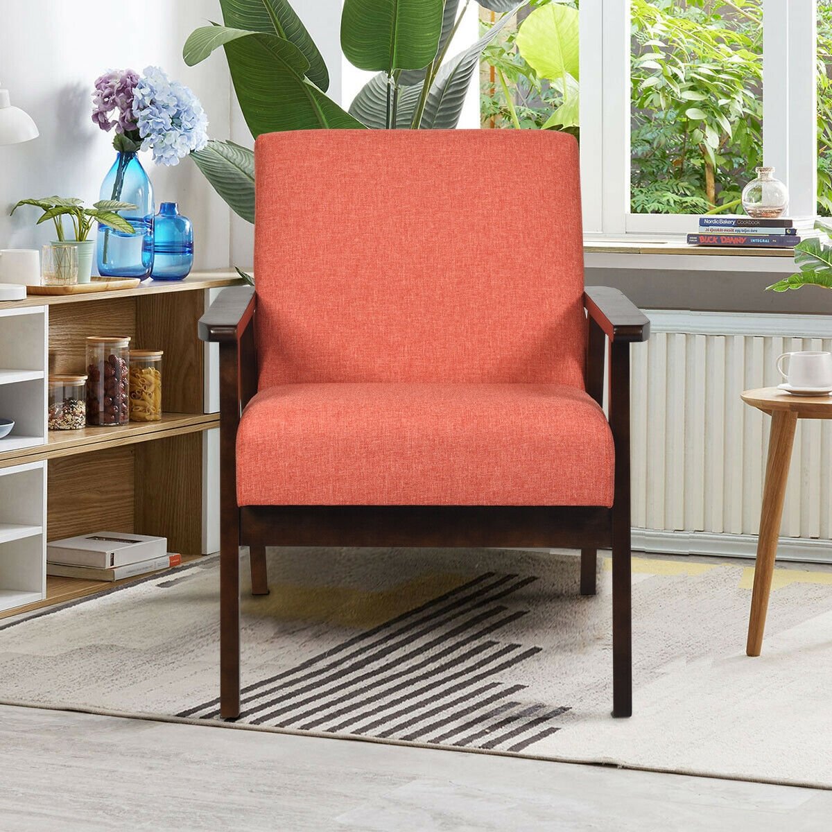 Solid Rubber Wood Fabric Accent Armchair, Orange Accent Chairs   at Gallery Canada