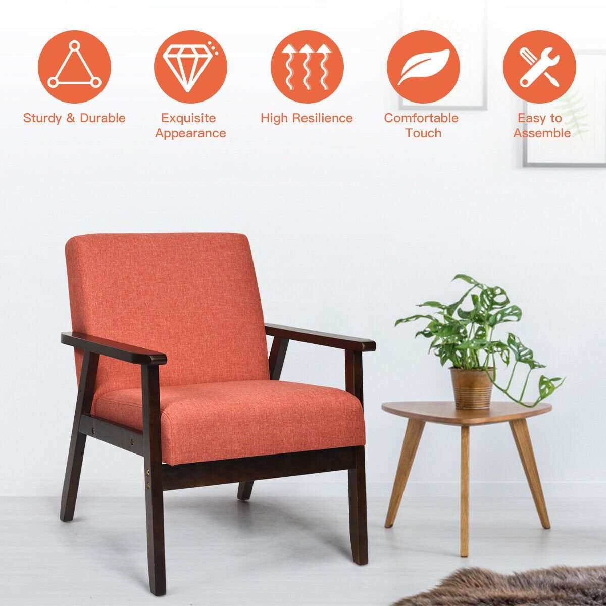 Solid Rubber Wood Fabric Accent Armchair, Orange Accent Chairs   at Gallery Canada