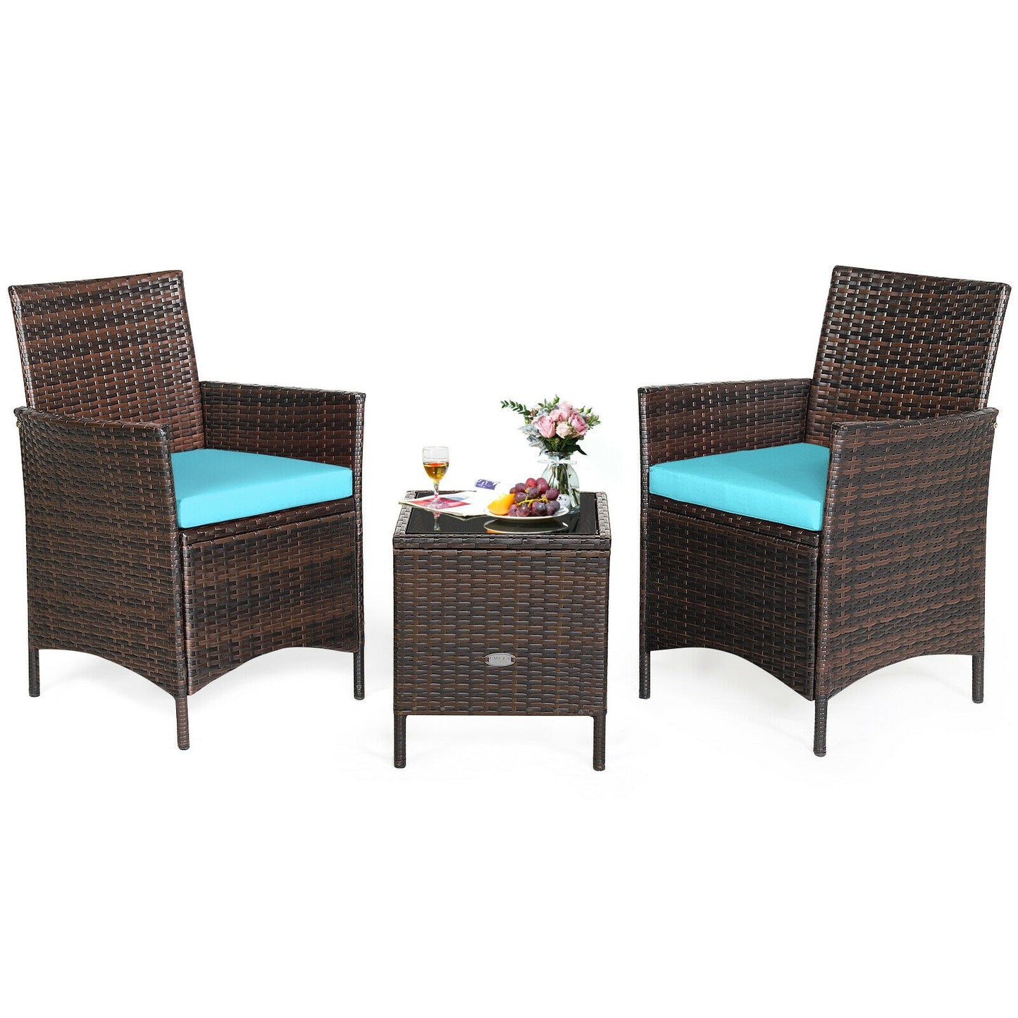 3Pcs Patio Rattan Furniture Set Cushioned Sofa and Glass Tabletop Deck, Blue Patio Conversation Sets Blue  at Gallery Canada