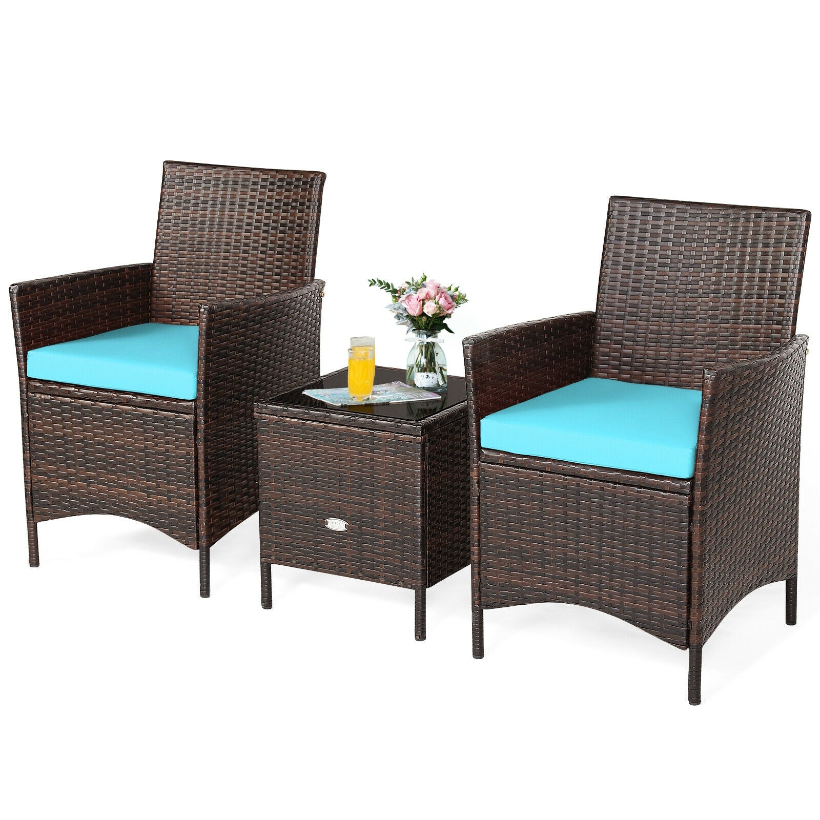 3Pcs Patio Rattan Furniture Set Cushioned Sofa and Glass Tabletop Deck, Blue Patio Conversation Sets   at Gallery Canada