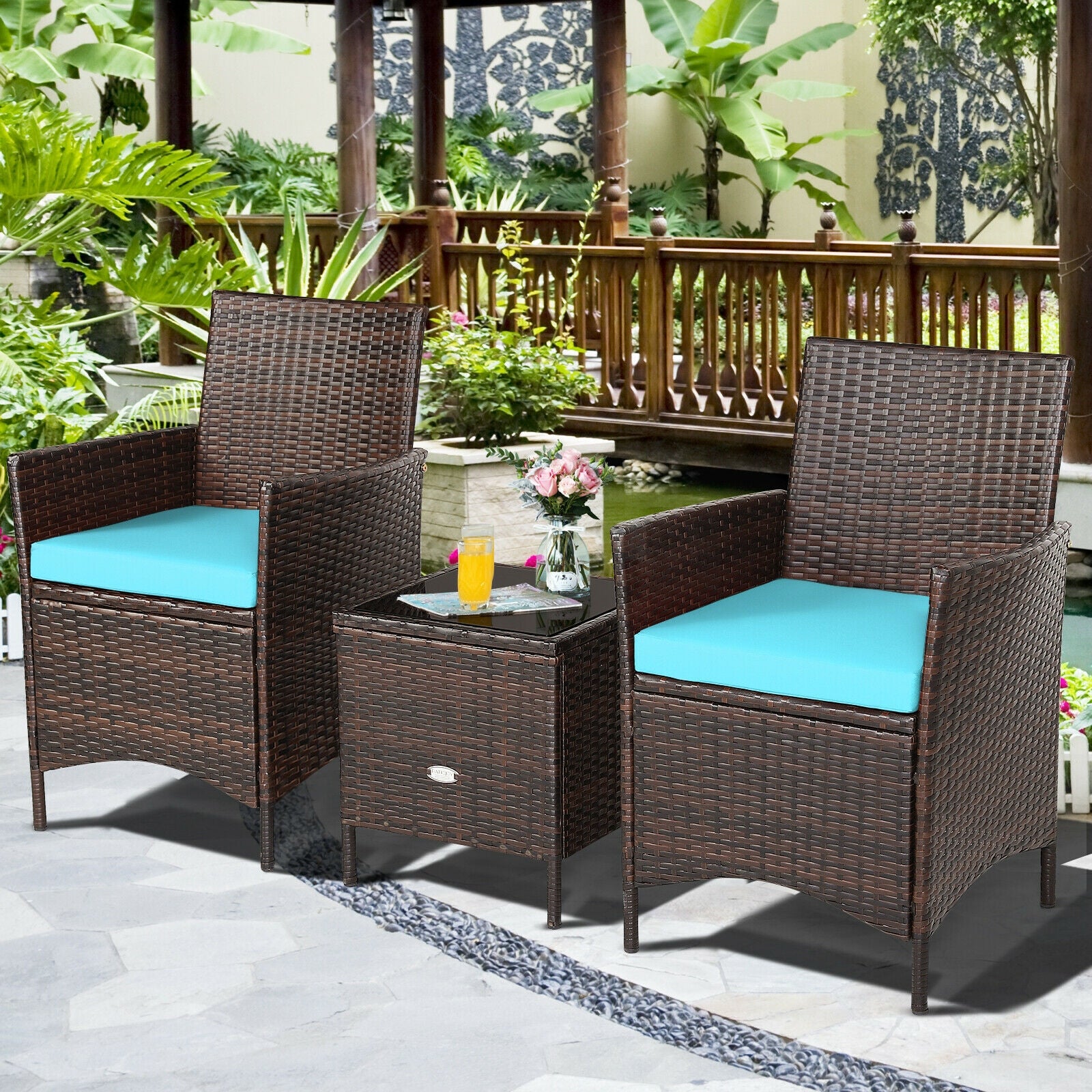 3Pcs Patio Rattan Furniture Set Cushioned Sofa and Glass Tabletop Deck, Blue Patio Conversation Sets   at Gallery Canada