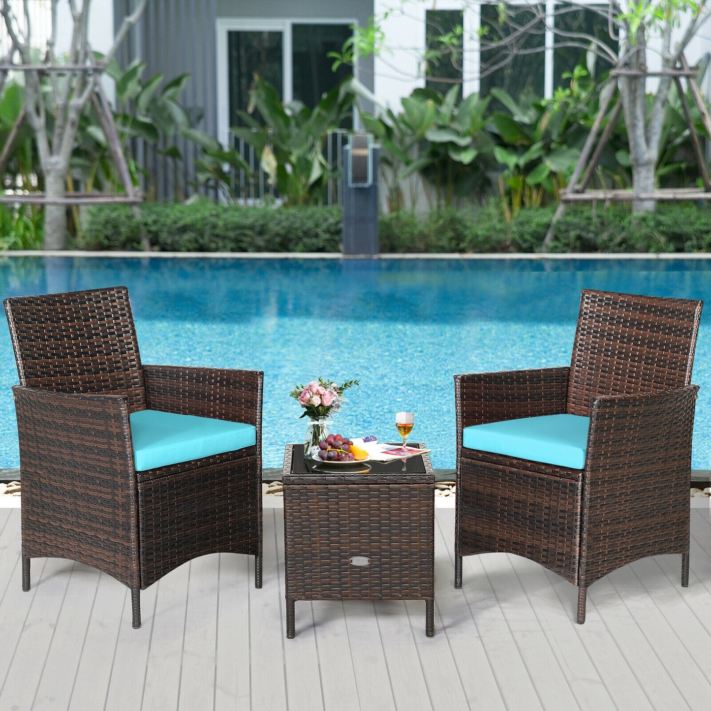 3Pcs Patio Rattan Furniture Set Cushioned Sofa and Glass Tabletop Deck, Blue Patio Conversation Sets   at Gallery Canada