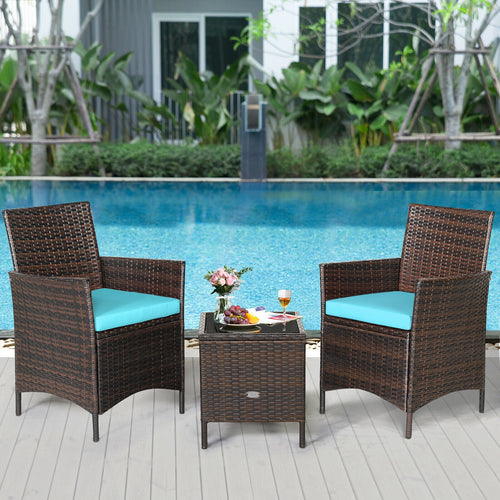 3Pcs Patio Rattan Furniture Set Cushioned Sofa and Glass Tabletop Deck, Blue