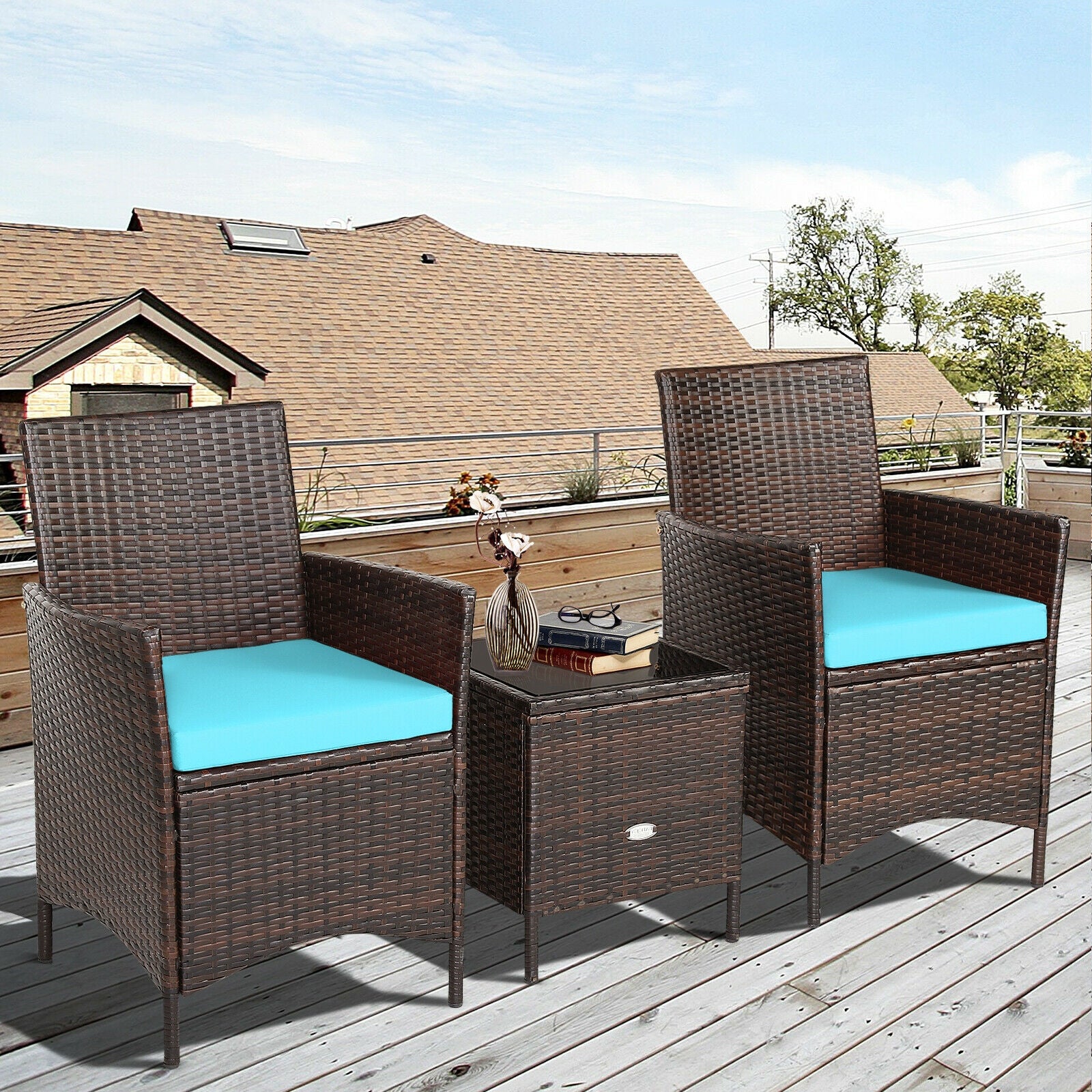 3Pcs Patio Rattan Furniture Set Cushioned Sofa and Glass Tabletop Deck, Blue Patio Conversation Sets   at Gallery Canada